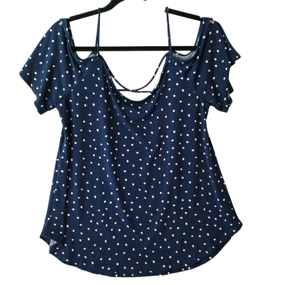 Kaileigh Navy Blue Polka Dot Cold Shoulder Flutter Sleeve Top Medium‎
